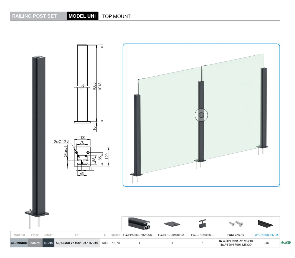 Aluminium Post Set 56×60 - 1m, Top Mounting with Covers, Intermediate - Anthracite RAL 7016
