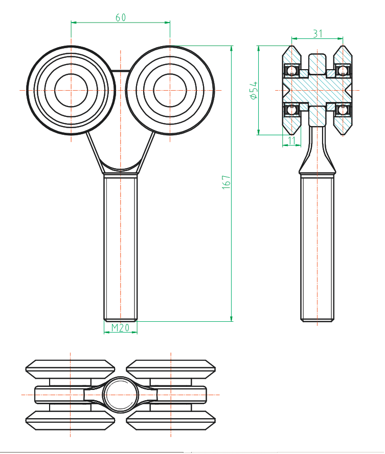 Čtyřkolečkový závěsný vozík Zn, profile 57x67mm