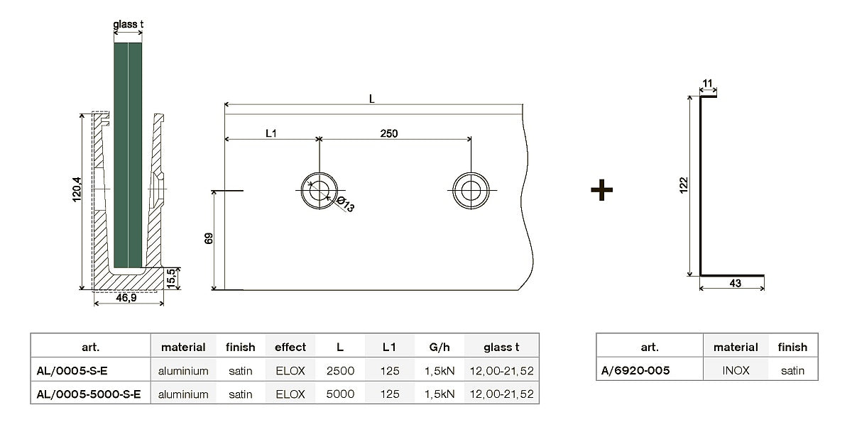 Boční kotvení - sklo 122x43