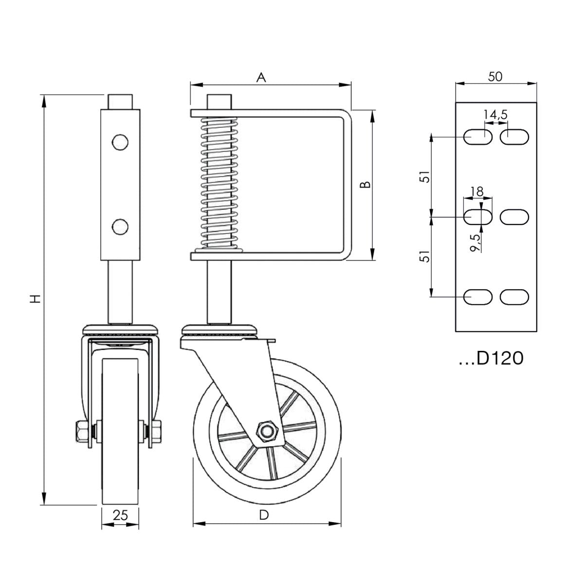 Spodní kolečko pro křídlové brány, s pružinou