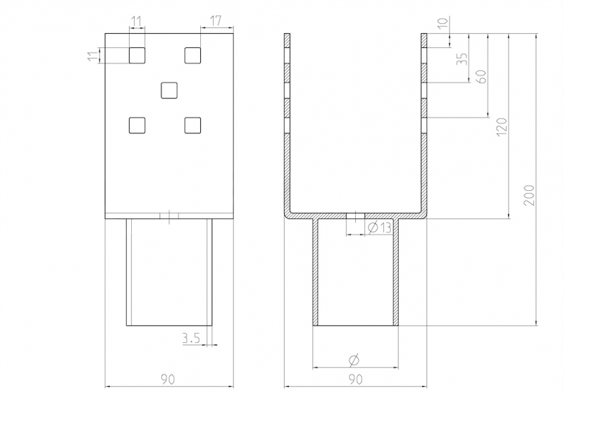 Nástavec na zemní vrut Zn U 90x90x120x60mm