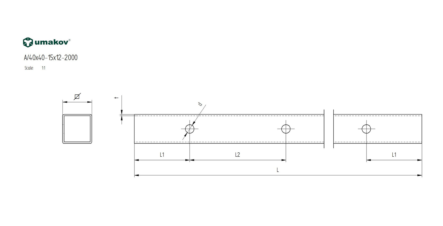 Trubka broušená AISI304, 40x40x2/15xd12,5/L1980