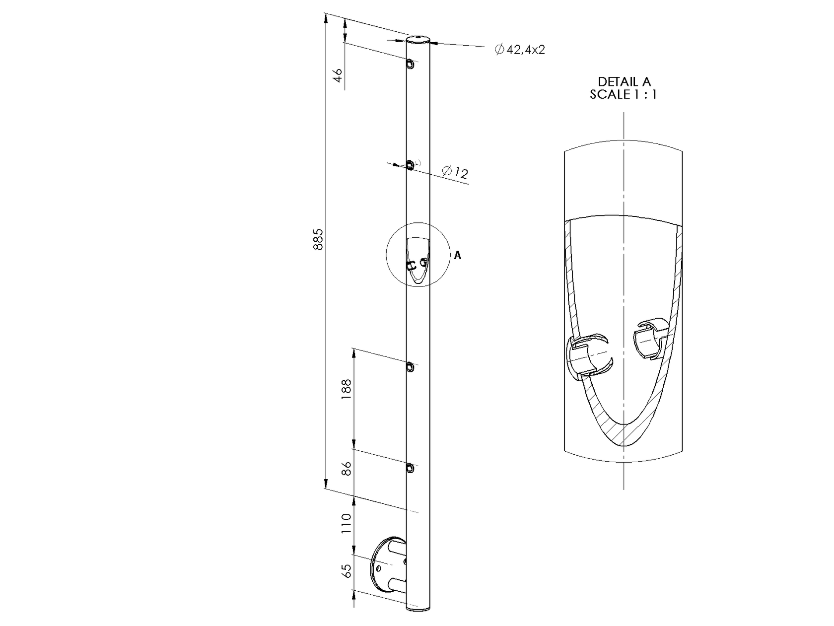 nerezový sloupek, boční kotvení + A12/12-PVC