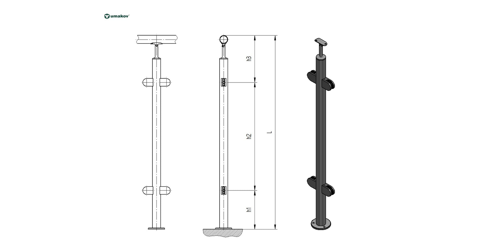 Nerezový sloupek sklo AISI304, D42,4x2/4xmodel20/H