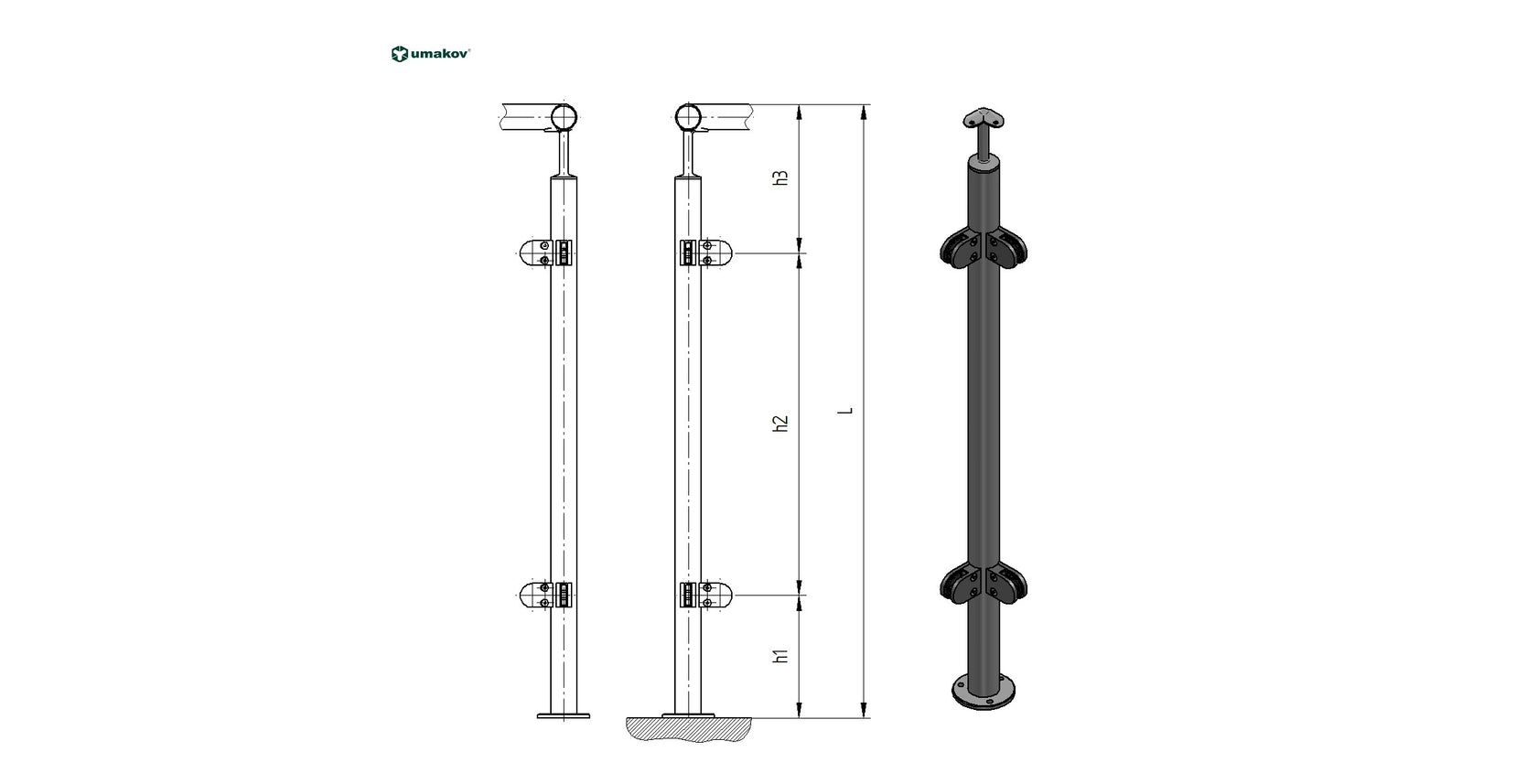 Nerezový sloupek sklo AISI304, D42,4x2/4xmodel20/H