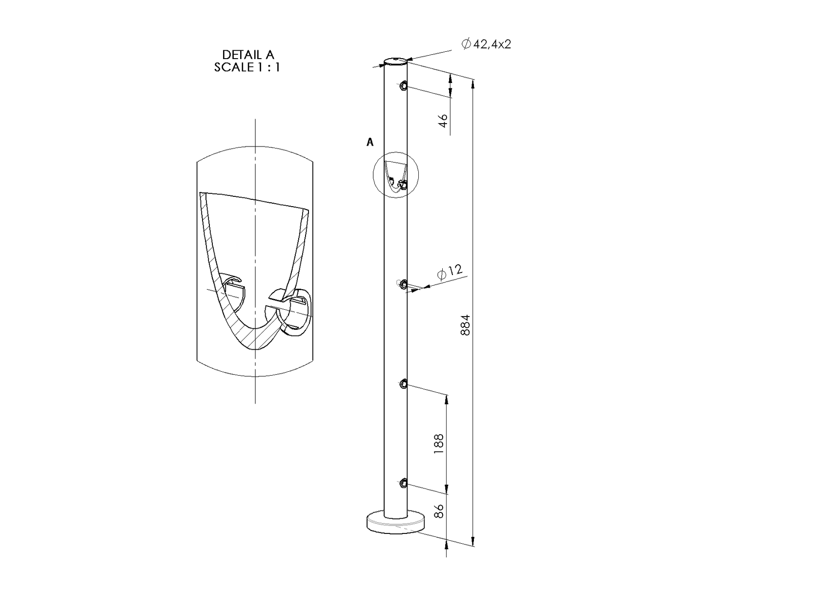 Nerezový sloupek, vrchní kotvení + A12/12-PVC