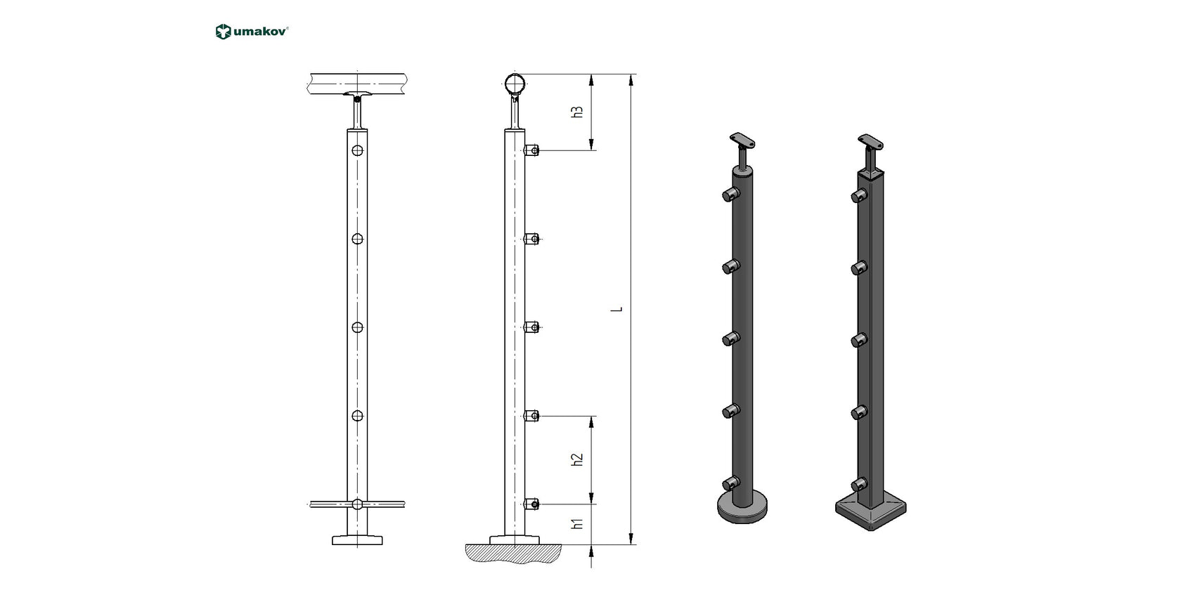 Nerezový sloupek AISI304, D42,4/5xd12/H1100mm