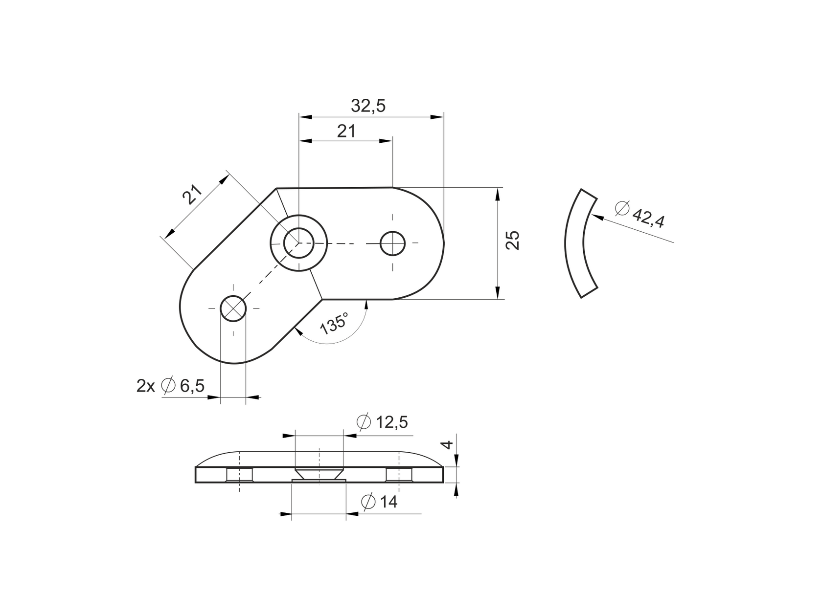 Držák madla D42,4mm - vanička 135st.