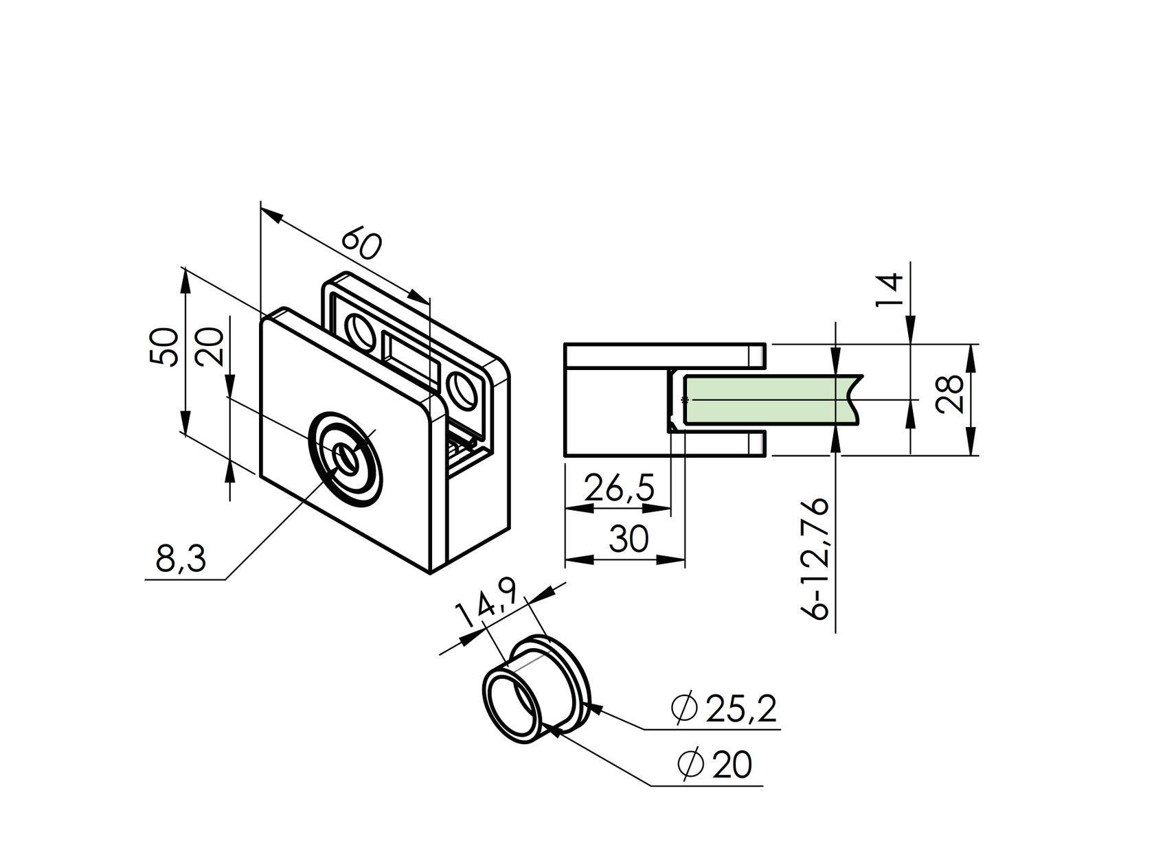 Držák skla mimoosový jednostranný