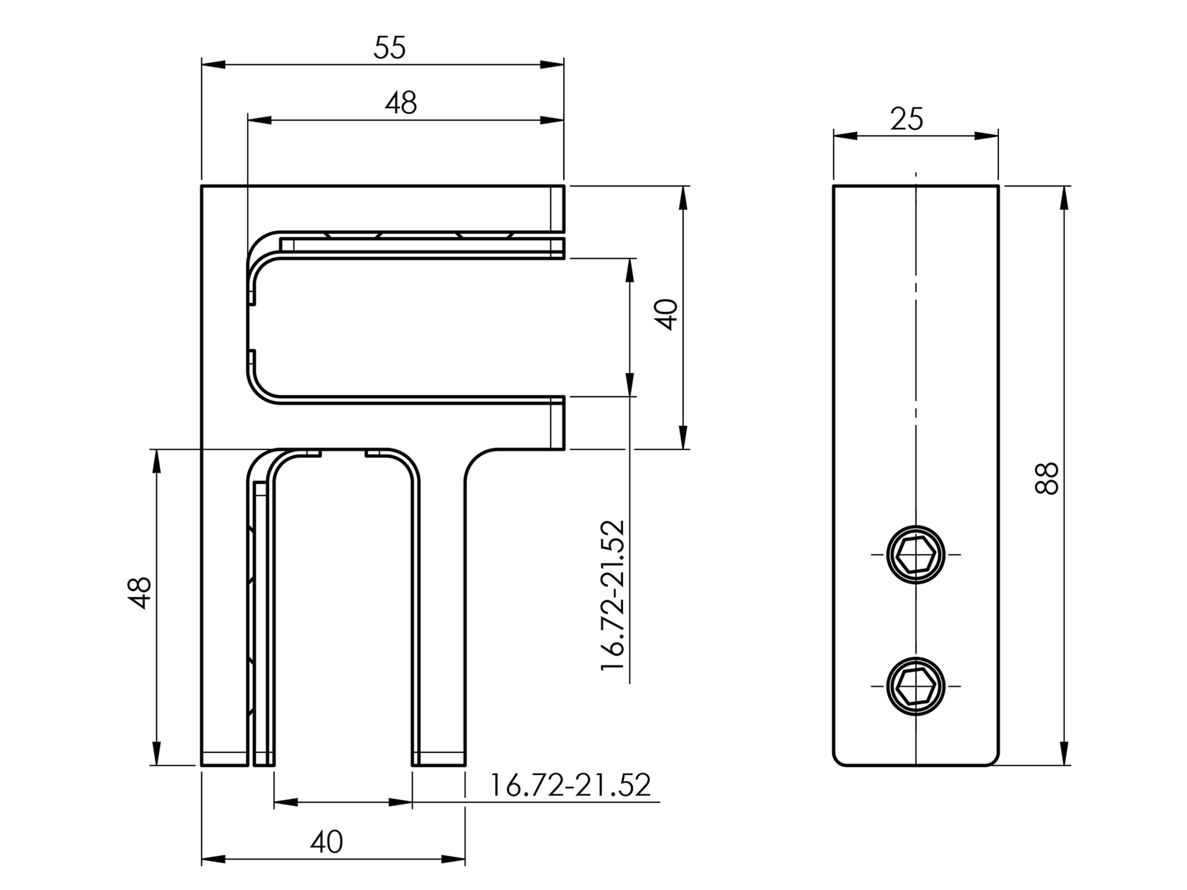 Držák skla - sklo/sklo - 90°