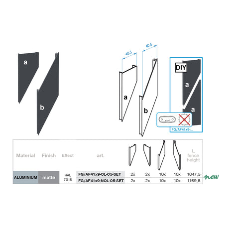 Click-lock distanční krycí lišta pro U40-adaptér, 41 x 09 - 30mm - Antracit R7016, šikmá s překrytím 5 mm - SADA