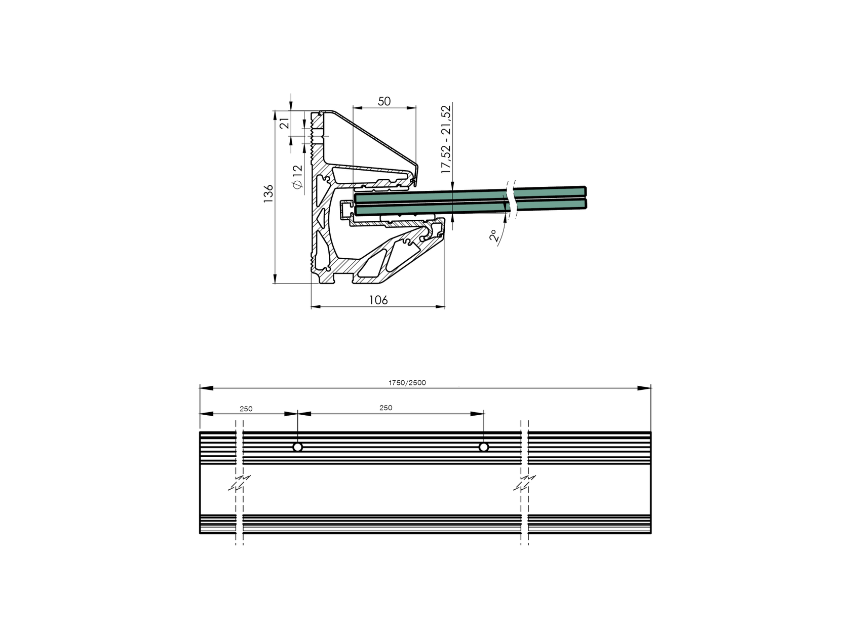 Prosklená stříška hliník profil -2°