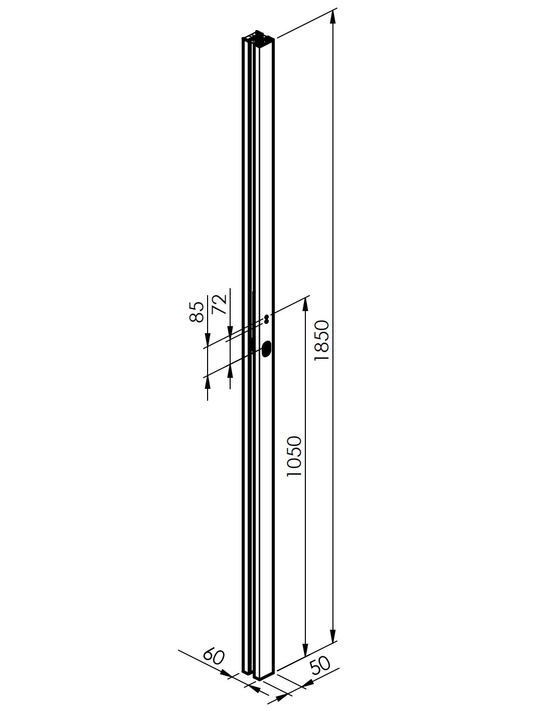 Sada hliníkového sloupku 50x60 a krytky pro zámkovou část - 1850mm R70