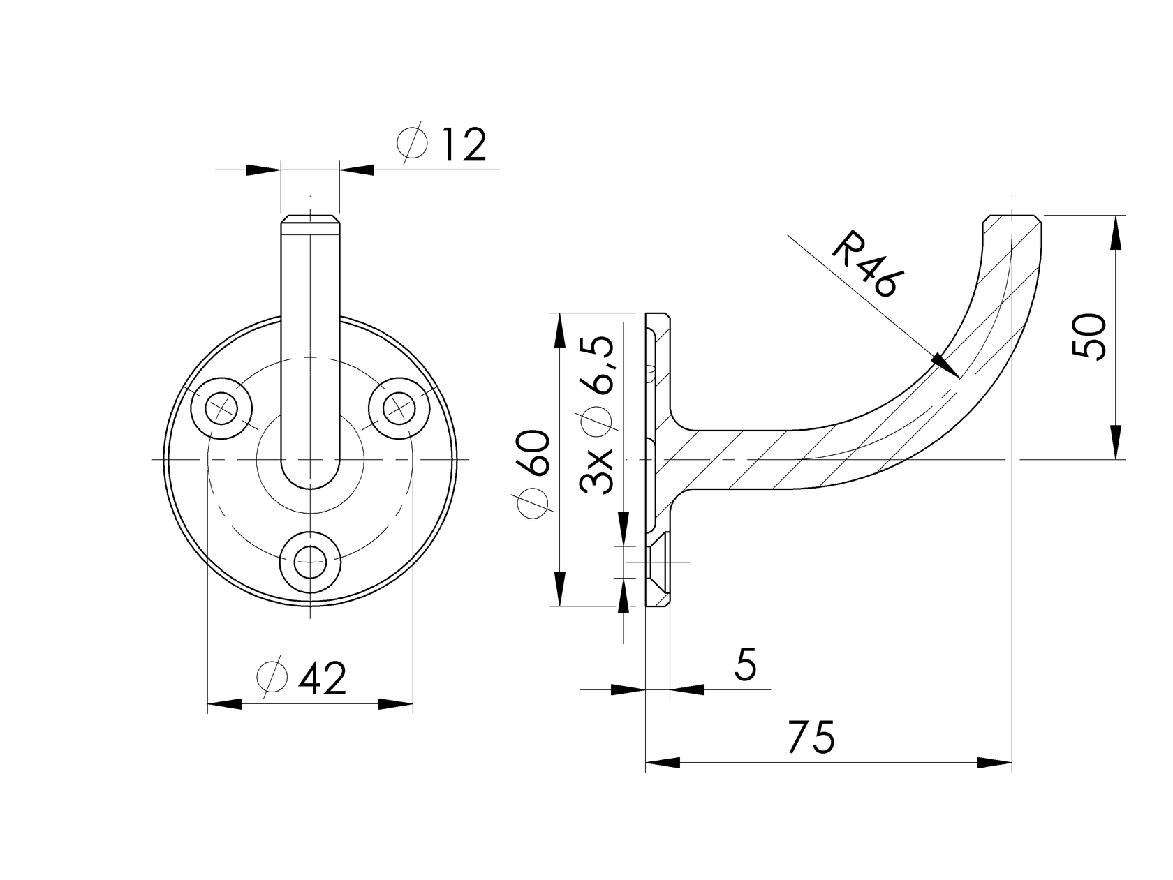 Držák madla na stěnu - bez vaničky