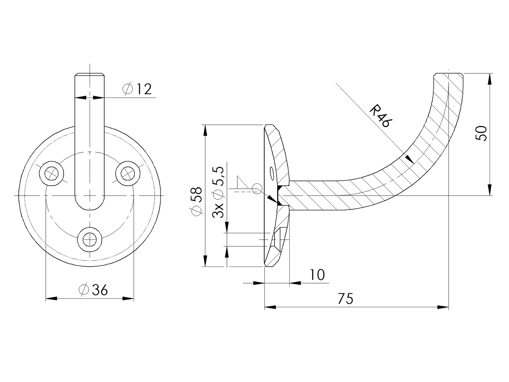 Držák madla na stěnu - bez vaničky