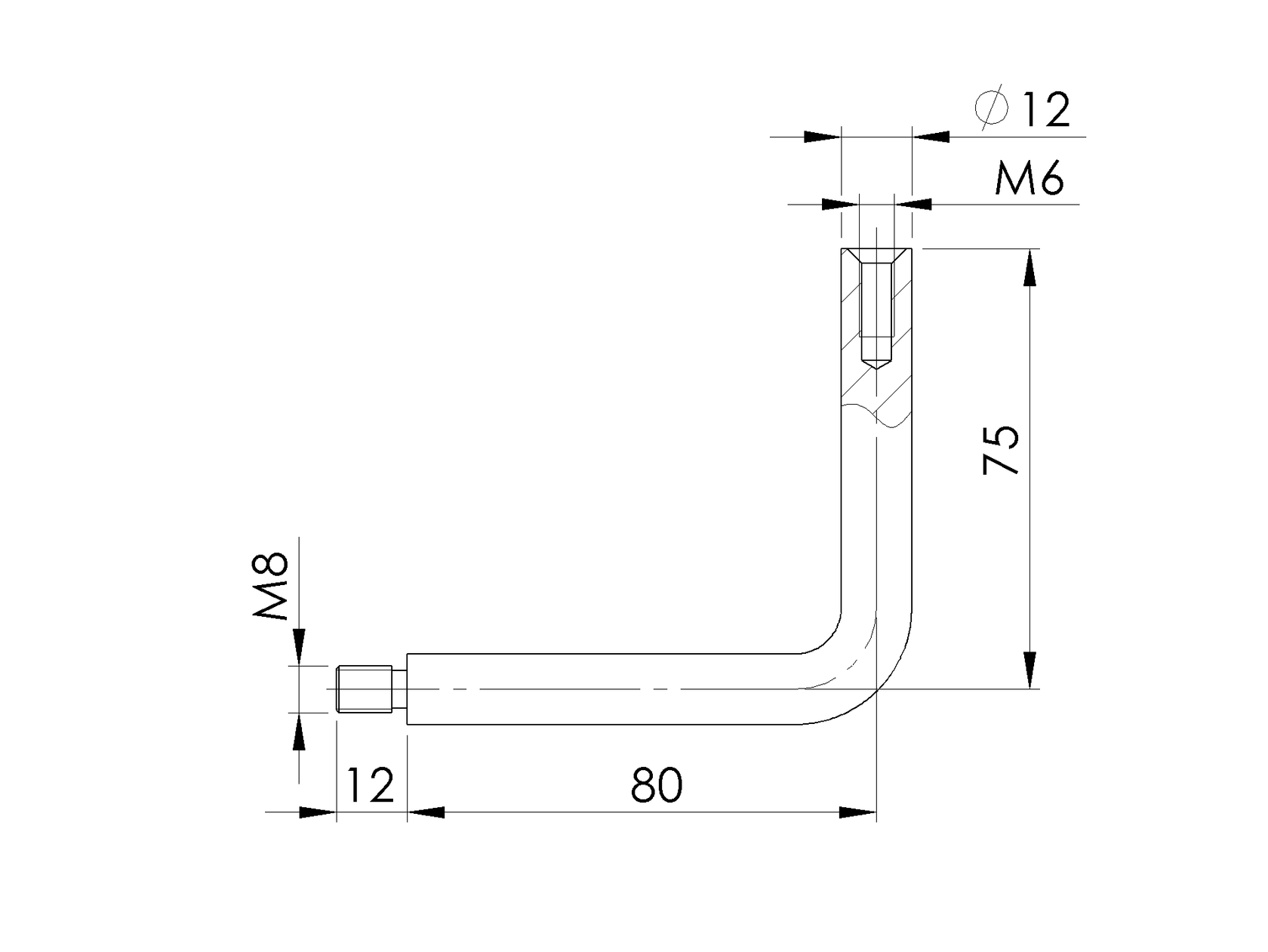 Držák madla-zeď AISI304, d12, M6, 80x75, M8 out