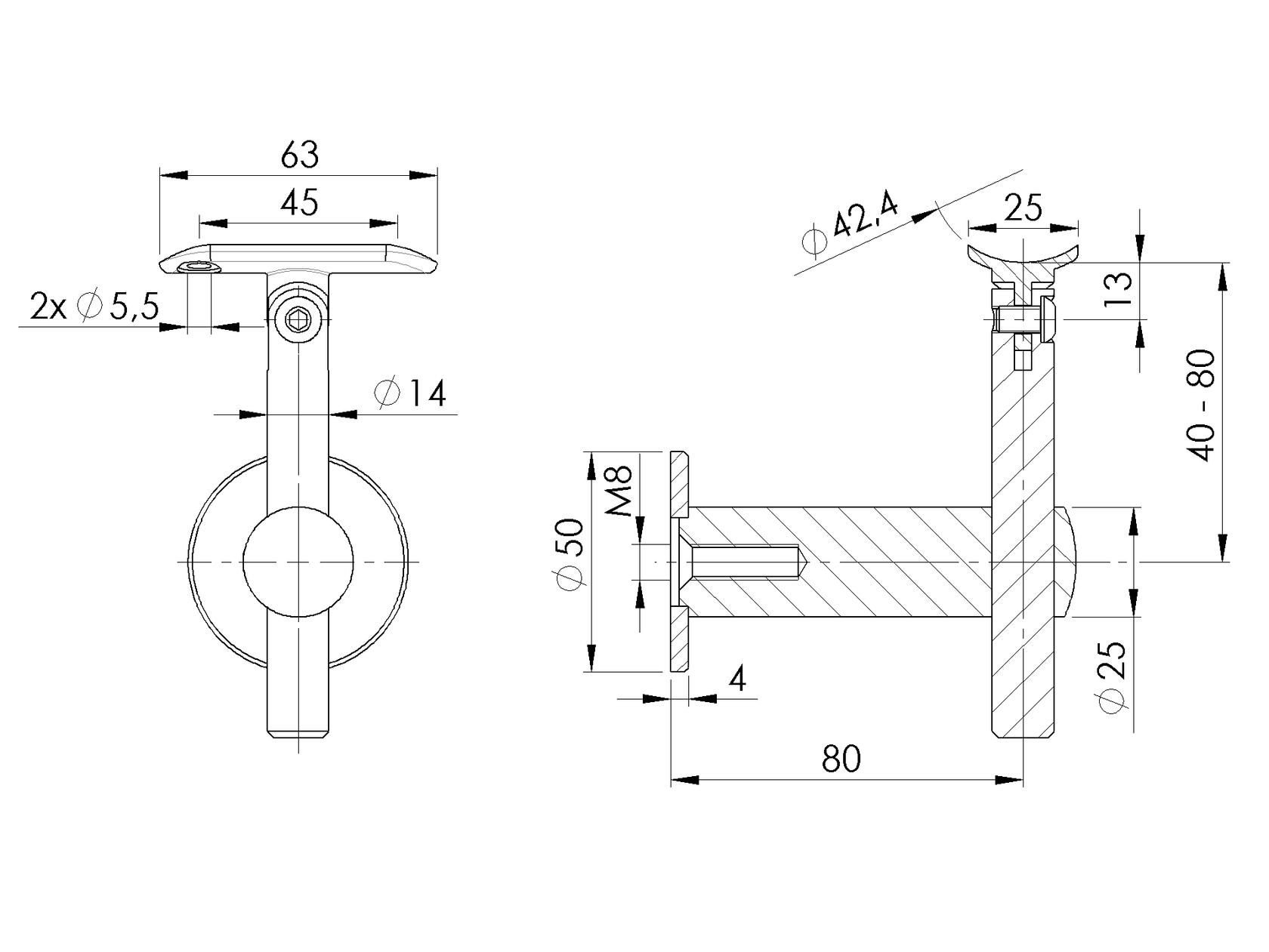 Držák madla na zeď mimoosový