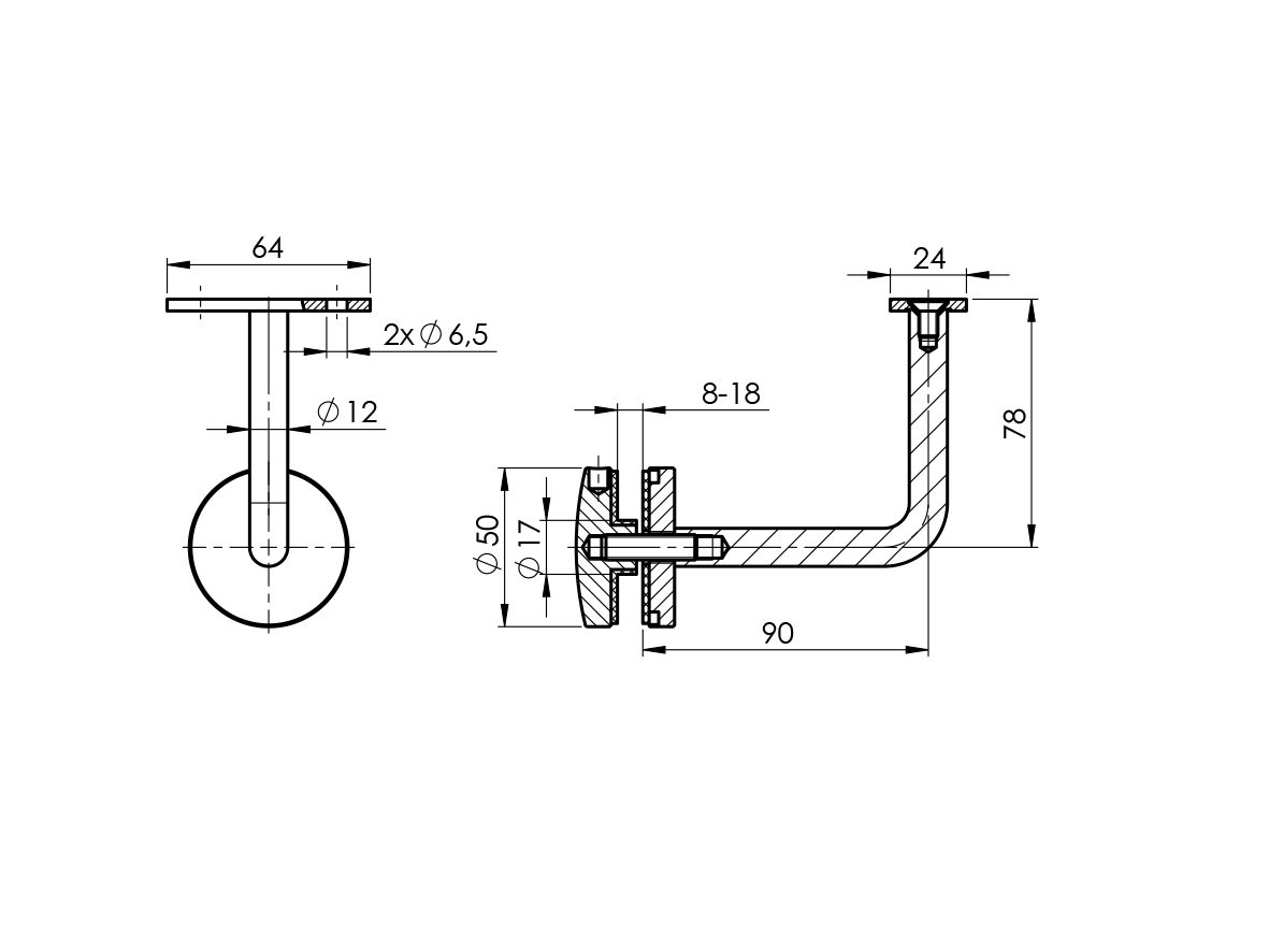 Nerezový držák madla na sklo
