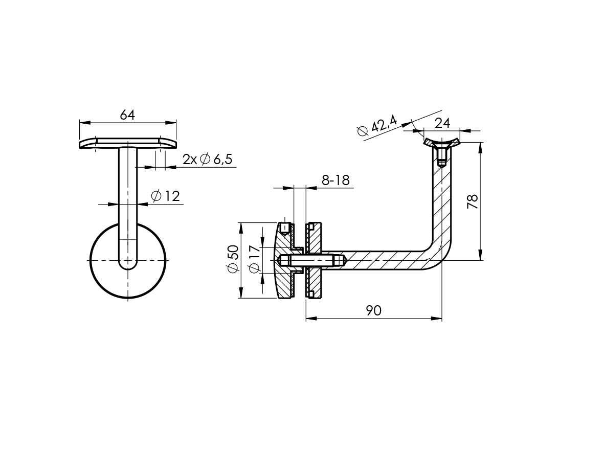 Nerezový držák madla na sklo
