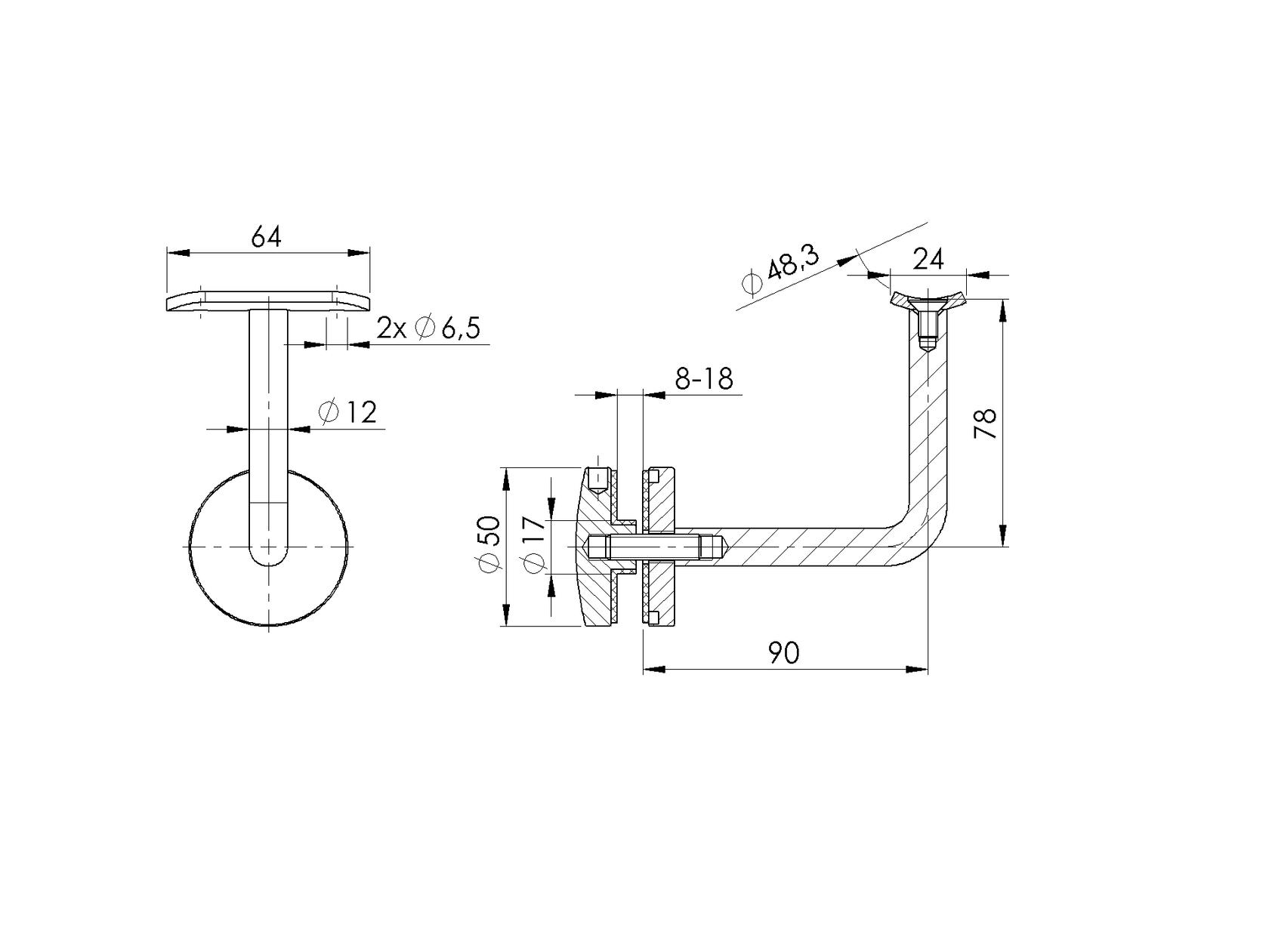 Nerezový držák madla na sklo