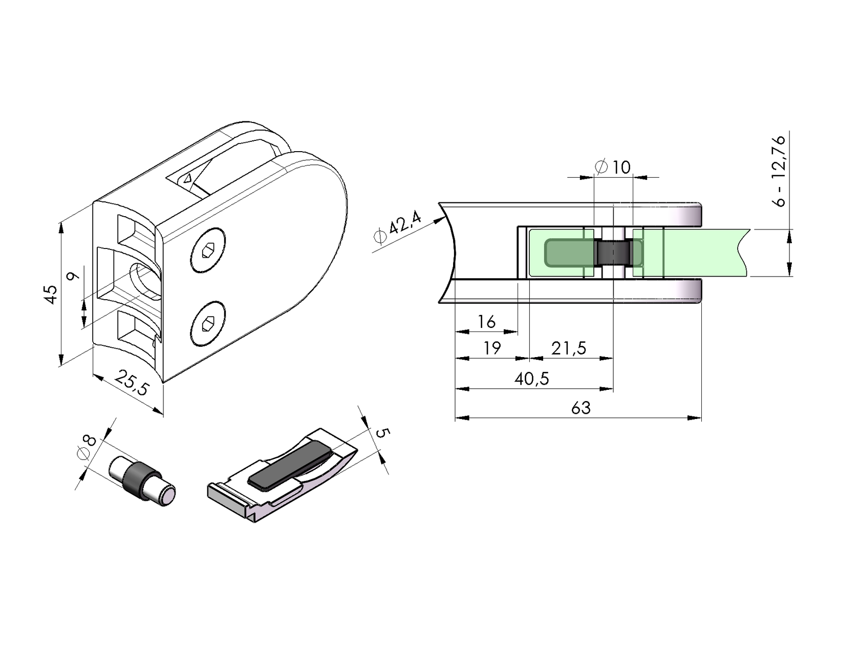 Držák výplně skla, nerezové zábradlí