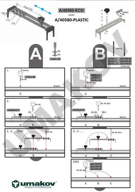 Přípravek na vrtání trubek D42,4x2mm, 40x40x2mm