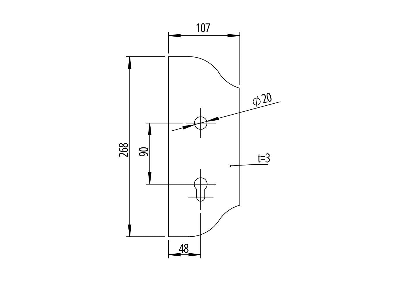 Štítek kovaný - levý, 265x107, t3, a90, D20mm