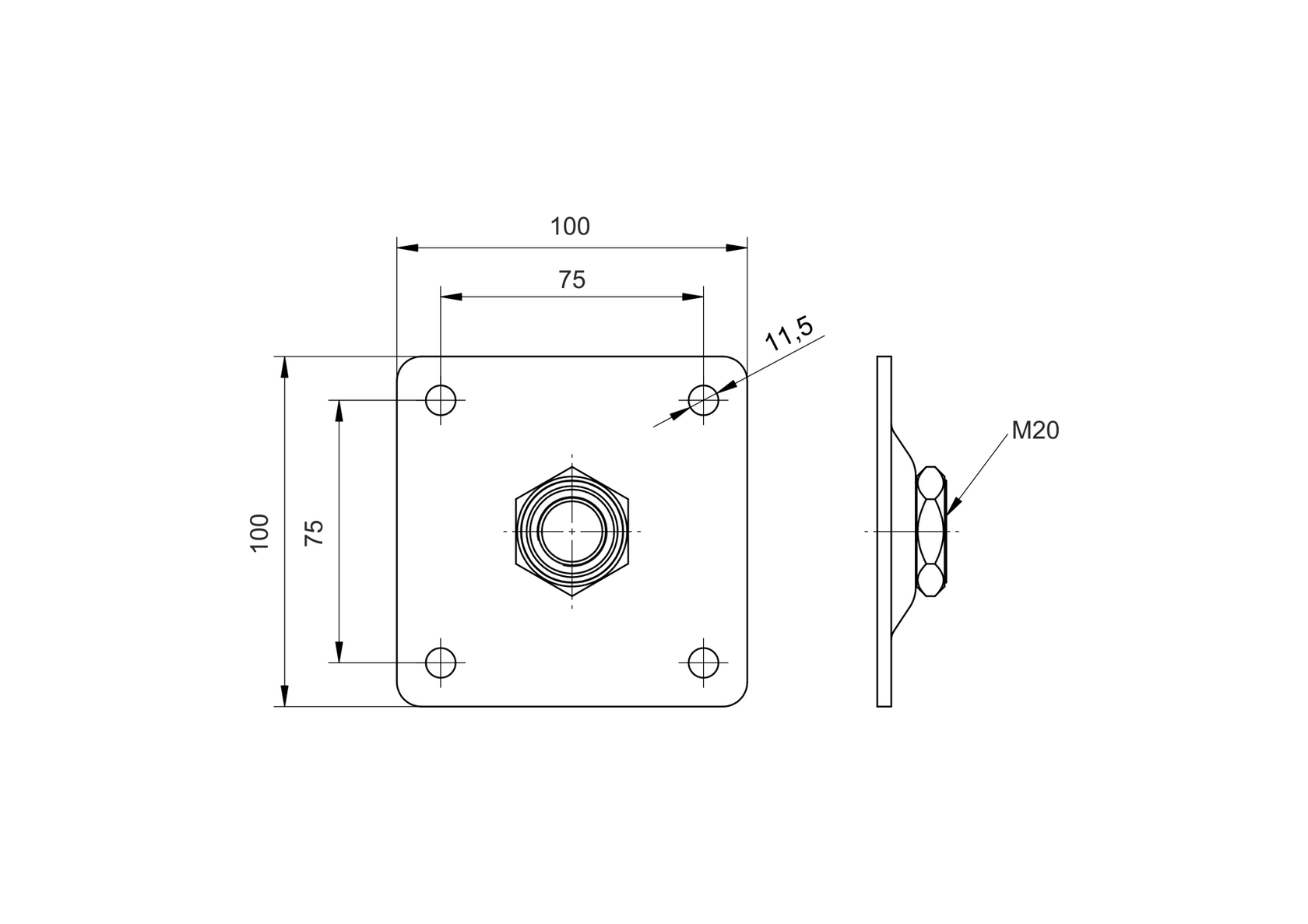 Příruba kotvící - otočná Zn, M20, 100x100