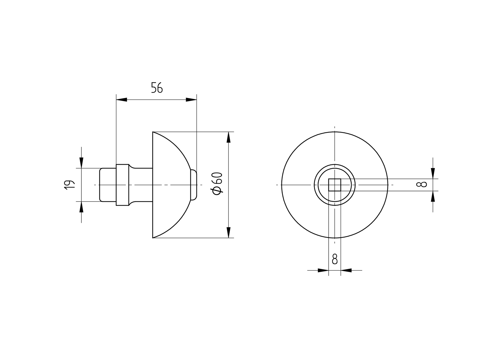Klika kovaná d60mm, D19mm, Zn