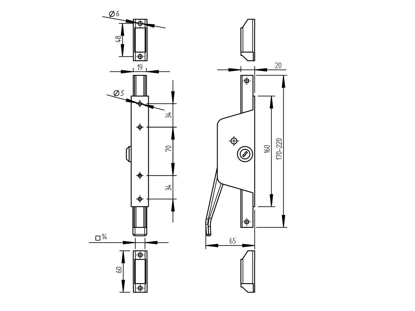 Pákový uzávěr se zámkem Zn, L160mm