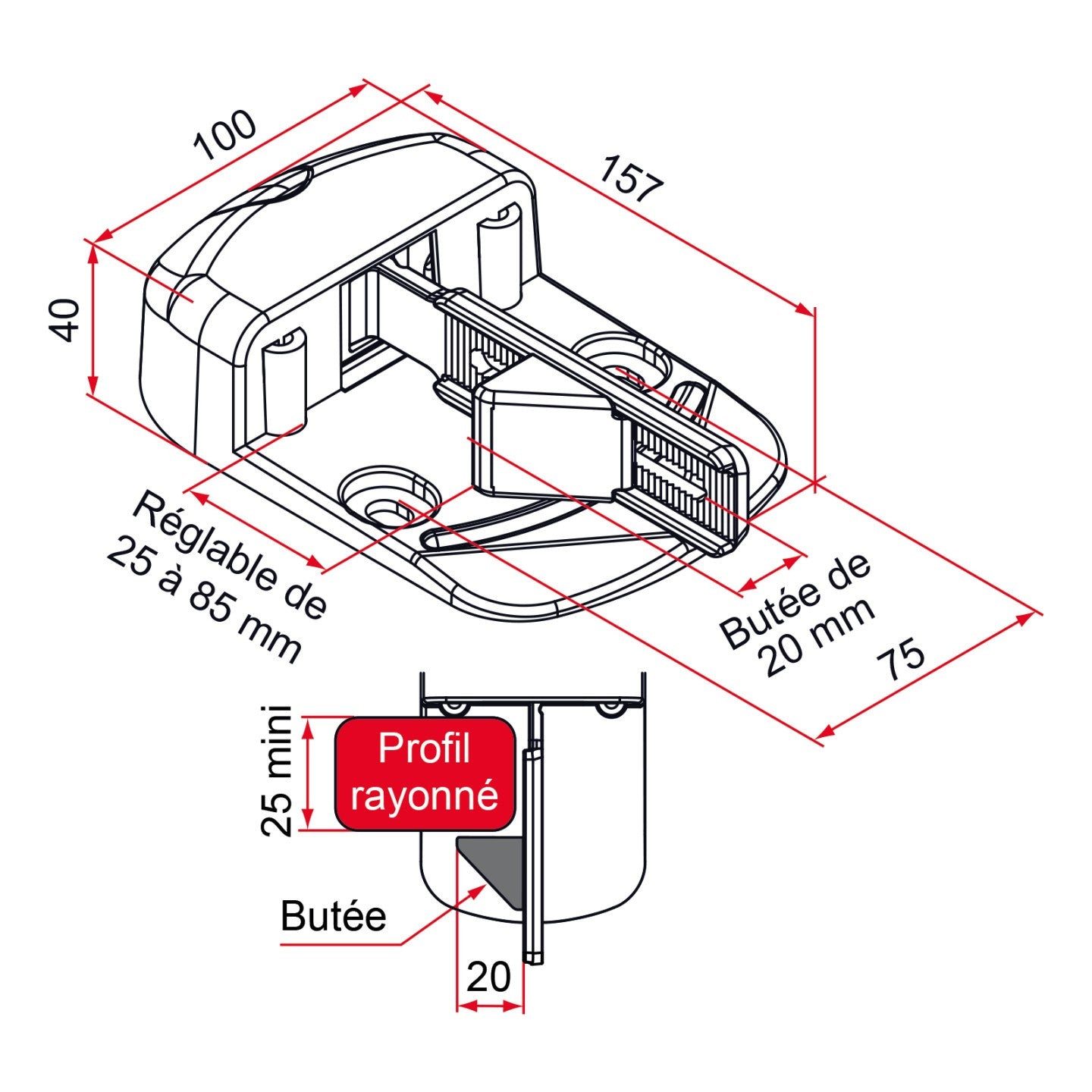 Doraz stredový s automatickou zarážkou, 157x100x40mm