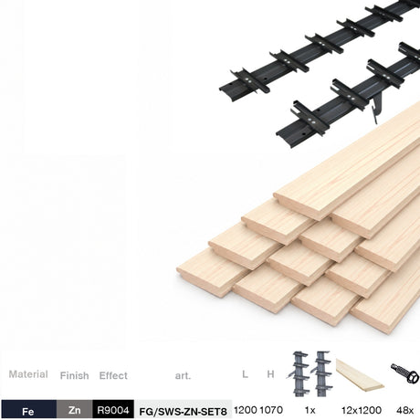 Set Black galvanized steel horizontal tilting system 1.07 m black with 1.2 m pine wood infill 19x95