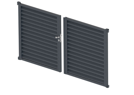 Hliníková žalúziová dvojkrídlová brána 3,92x1,85m, s kosodĺžnikovou výplňou 20x105 mm, Antracit R7016 - SET