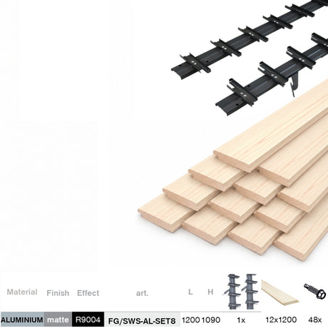 Set Black Aluminum Horizontal Tilting System 1.09 m with 1.2 m Pine Wood Infill 19x95