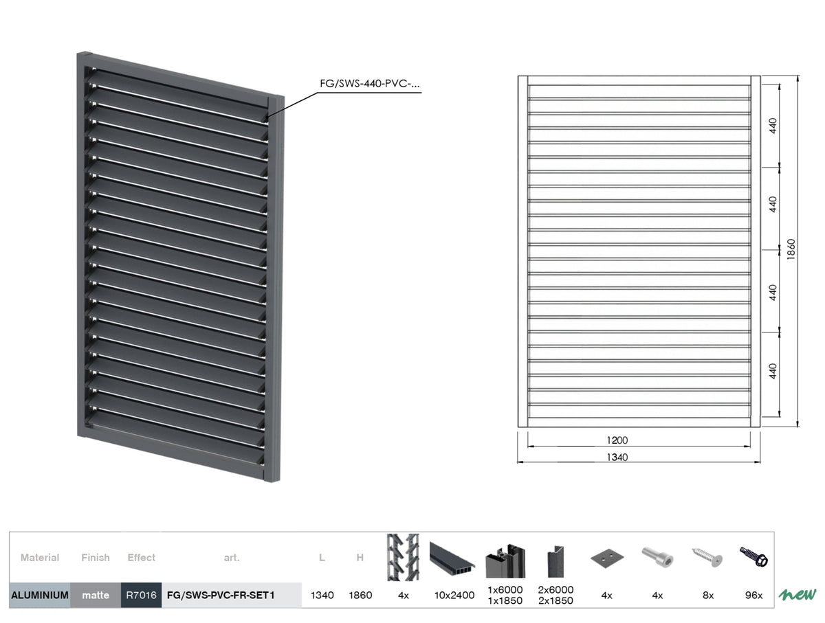 Set černý plastový horizontální naklápěcí systém 1,86x1,34 m s 1,2 m AL Antracit výplní 20x95, v AL Antracit rámu 50x60