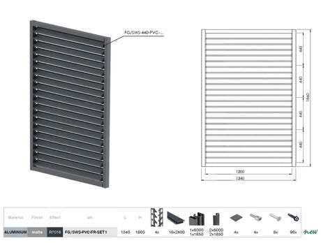 Set black plastic horizontal tilting system 1.86x1.34 m with 1.2 m AL Anthracite infill 20x95, in AL Anthracite frame 50
