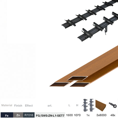 Set černý pozinkovaný ocelový horizontální naklápěcí systém 1,07 m s 1,5 m Dřevo dekor ZLATÝ DUB kosodélníkovou výplní 2