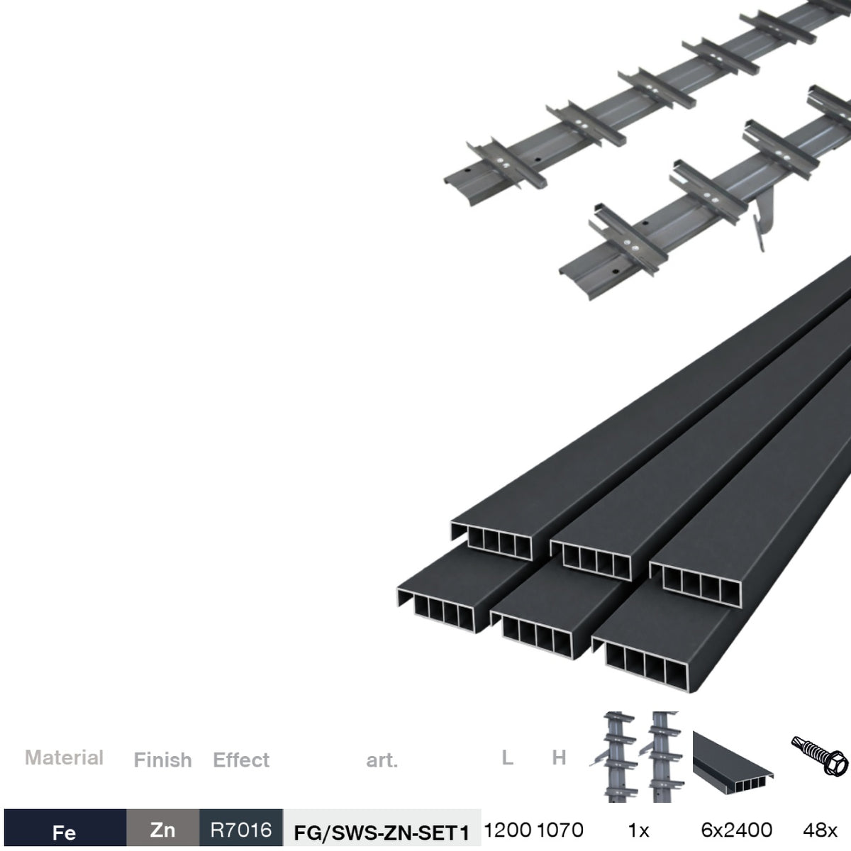 Sada Antracitový pozinkovaný ocelový horizontální naklápěcí systém 1,07 m s 1,2 m hliníkovou Antracitovou výplní 20x95