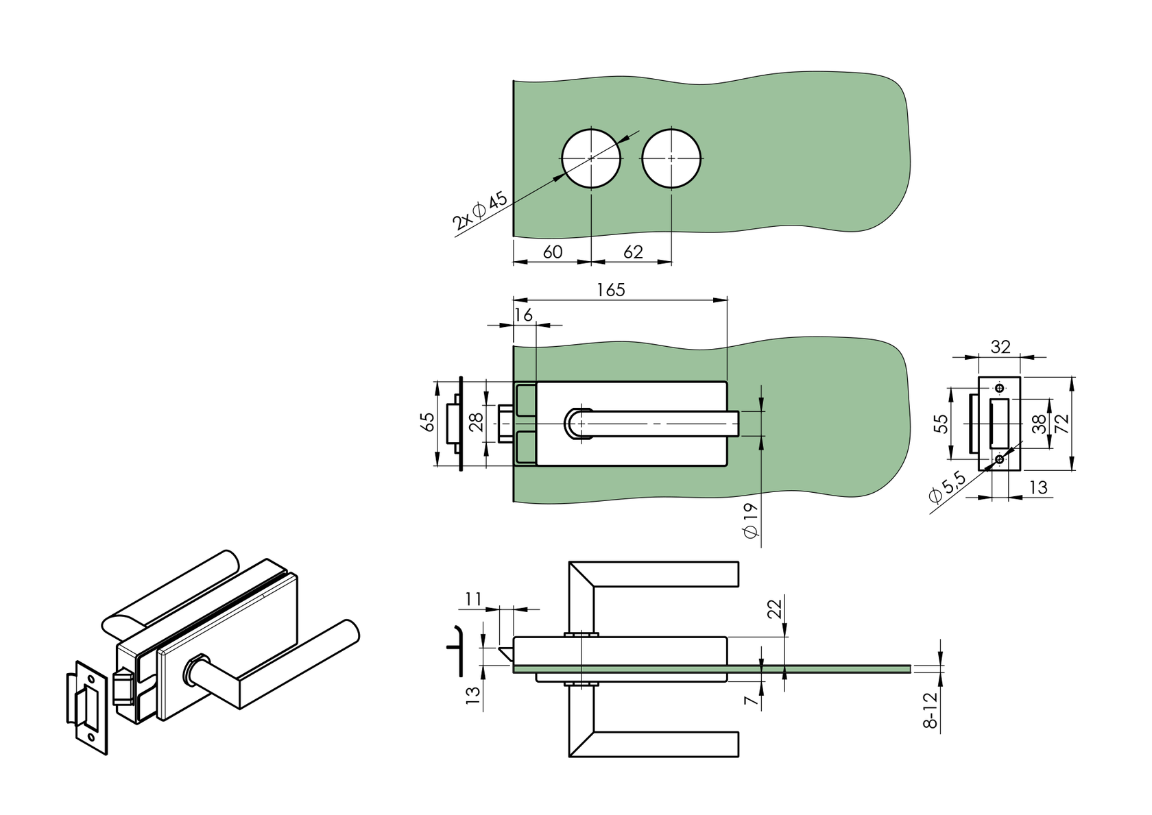 Zámek pro sklenené dveře AISI304 UV
