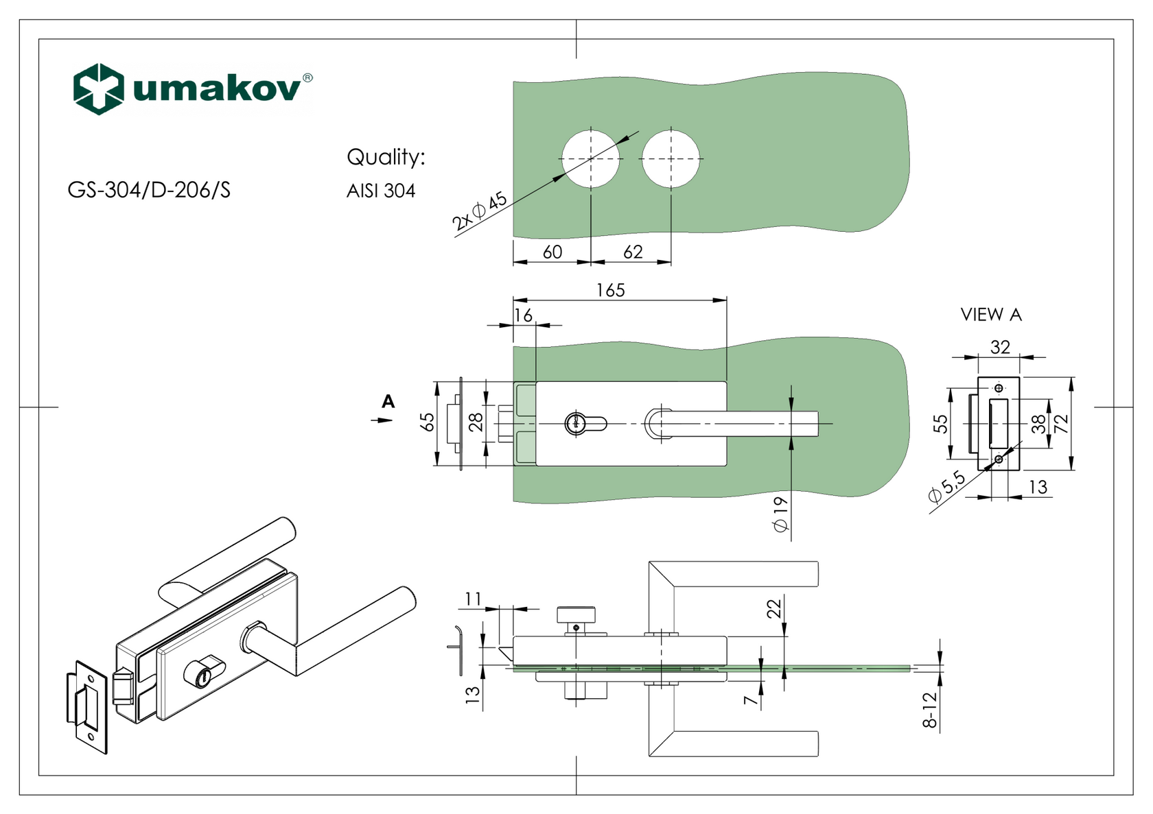 Zámek pro sklenené dveře AISI304 + zámek PZ