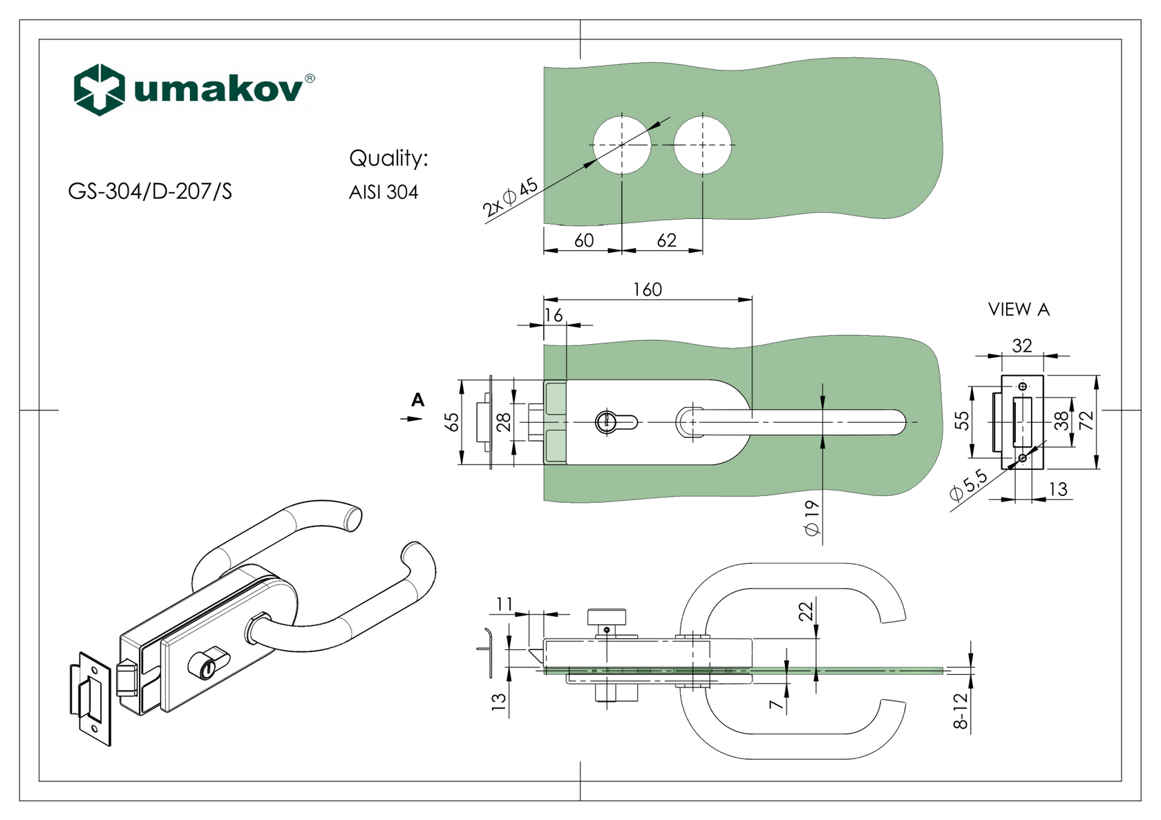 Zámek pro sklenené dveře AISI304 + zámek PZ