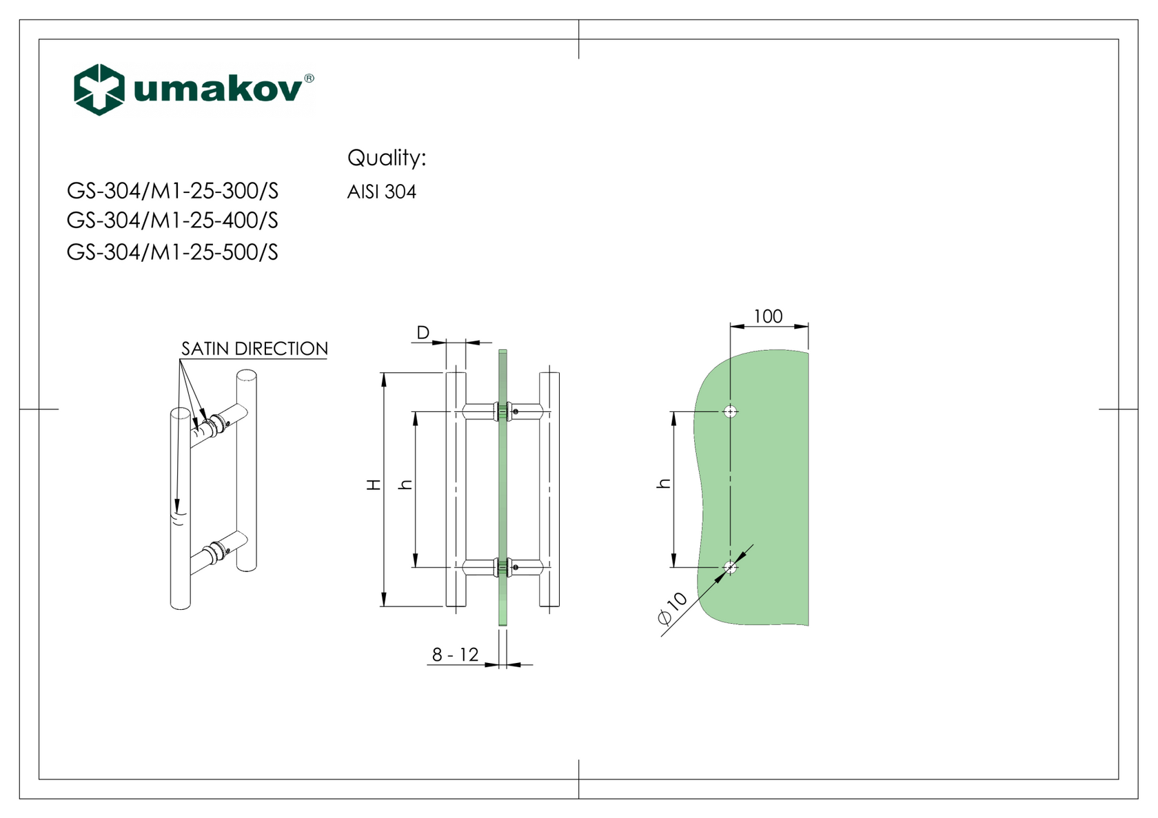 Madlo - broušený nerez AISI304, H300/D25mm