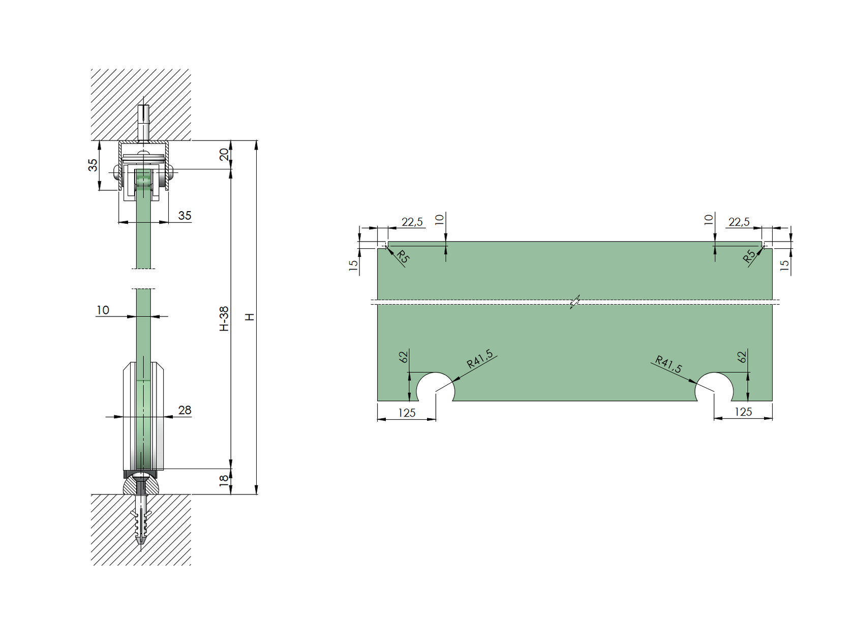 Kovaní - posuvné dveře-lišta AL/AISI304