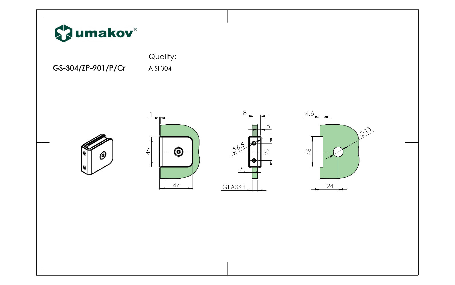 Držák skla, T 8-10 mm
