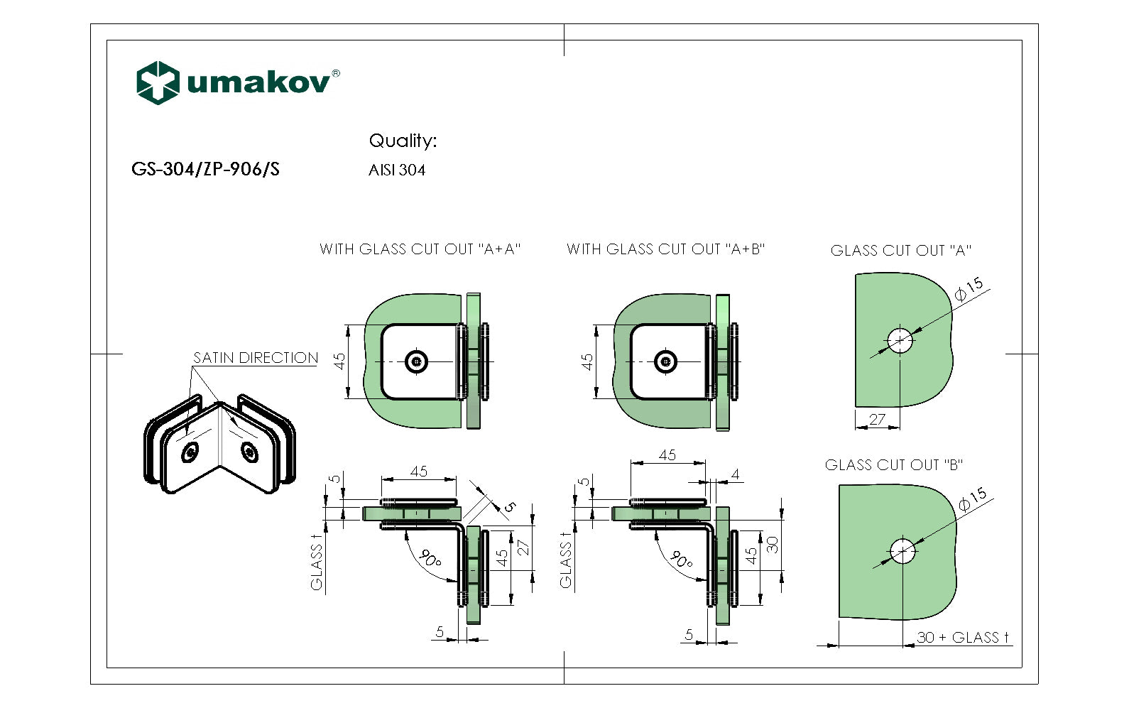Držák skla, AISI 304, T 8-10 mm