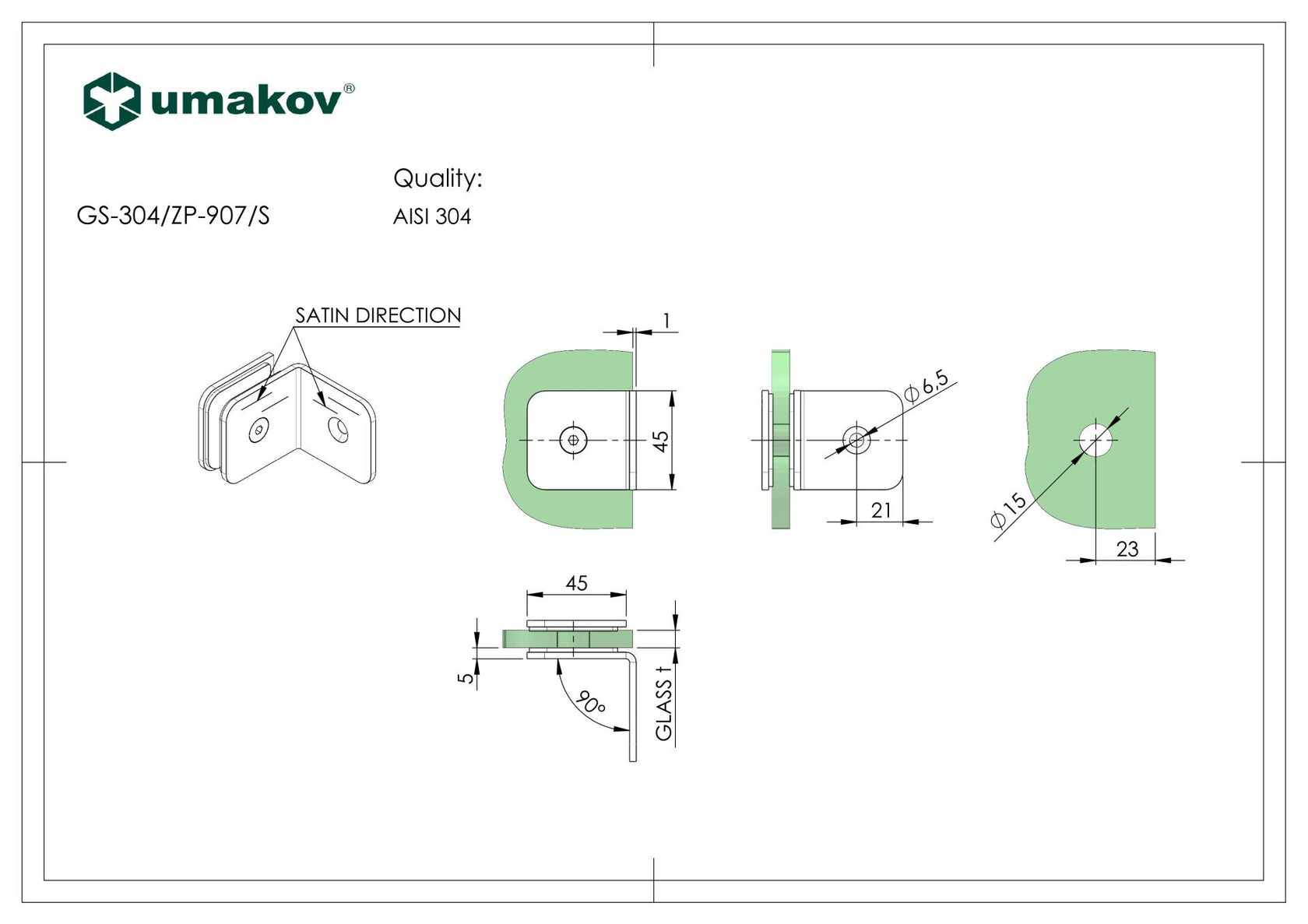 Držák skla, AISI 304, T 8-10 mm