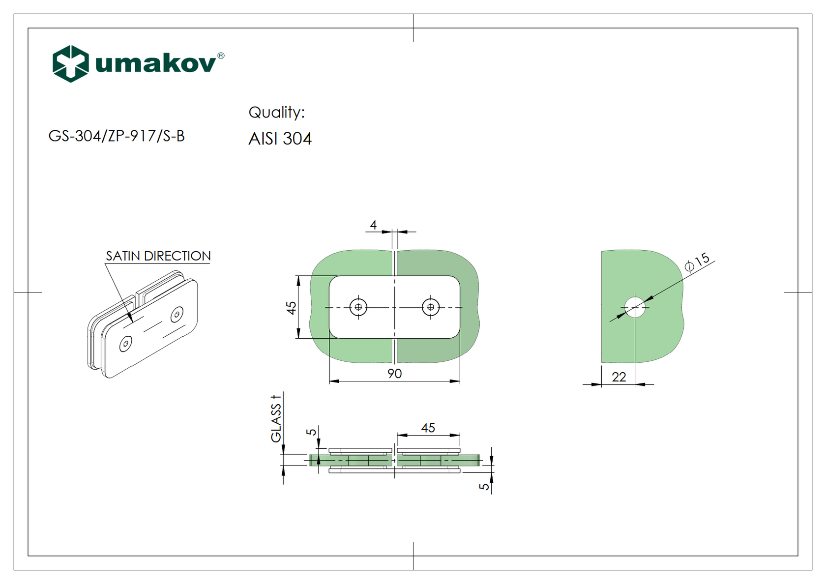 Držák skla, AISI 304, T 8-10 mm