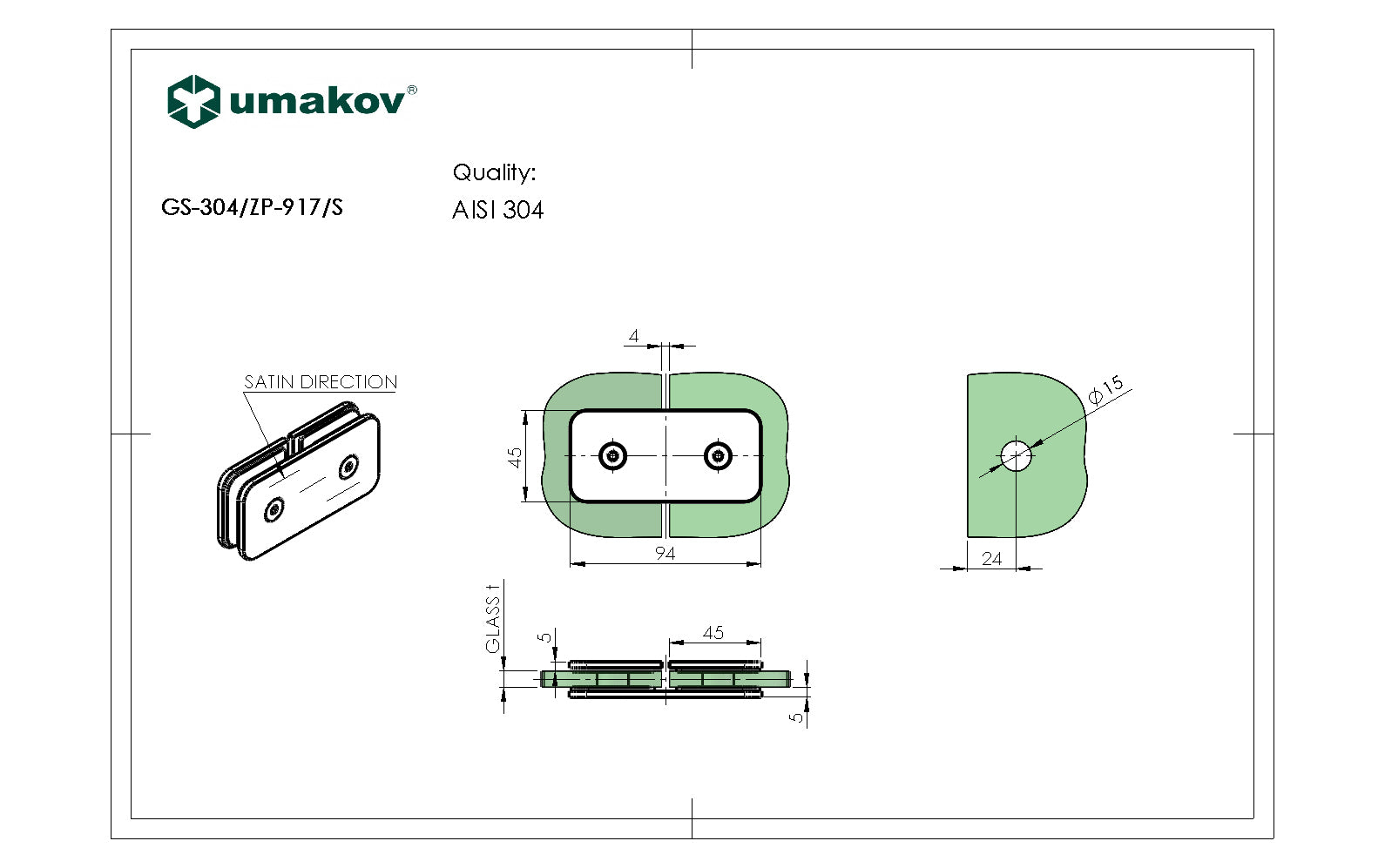 Držák skla, AISI 304, T 8-10 mm