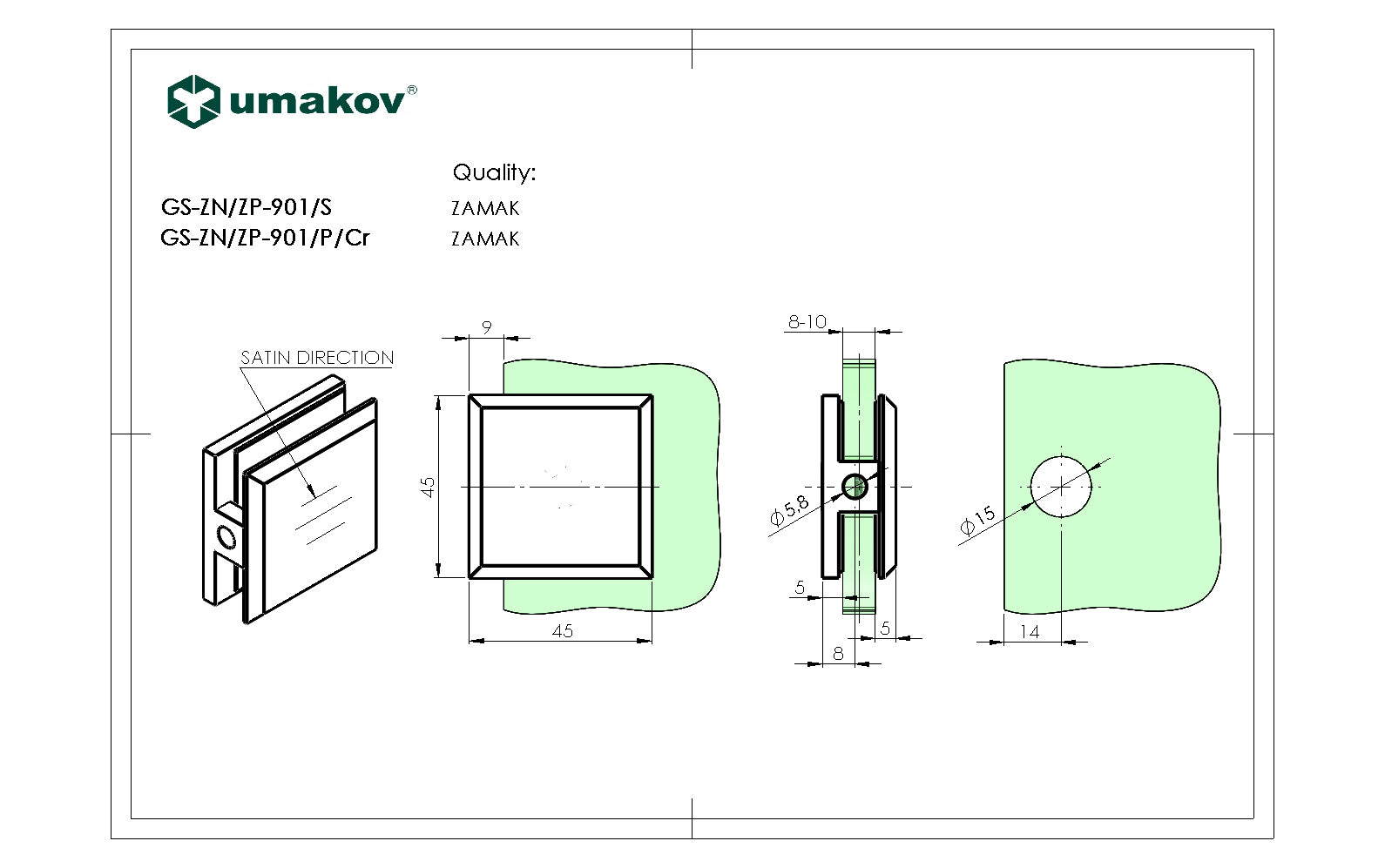 Držák skla, Zamak, 45x45x20/T 8-10 mm