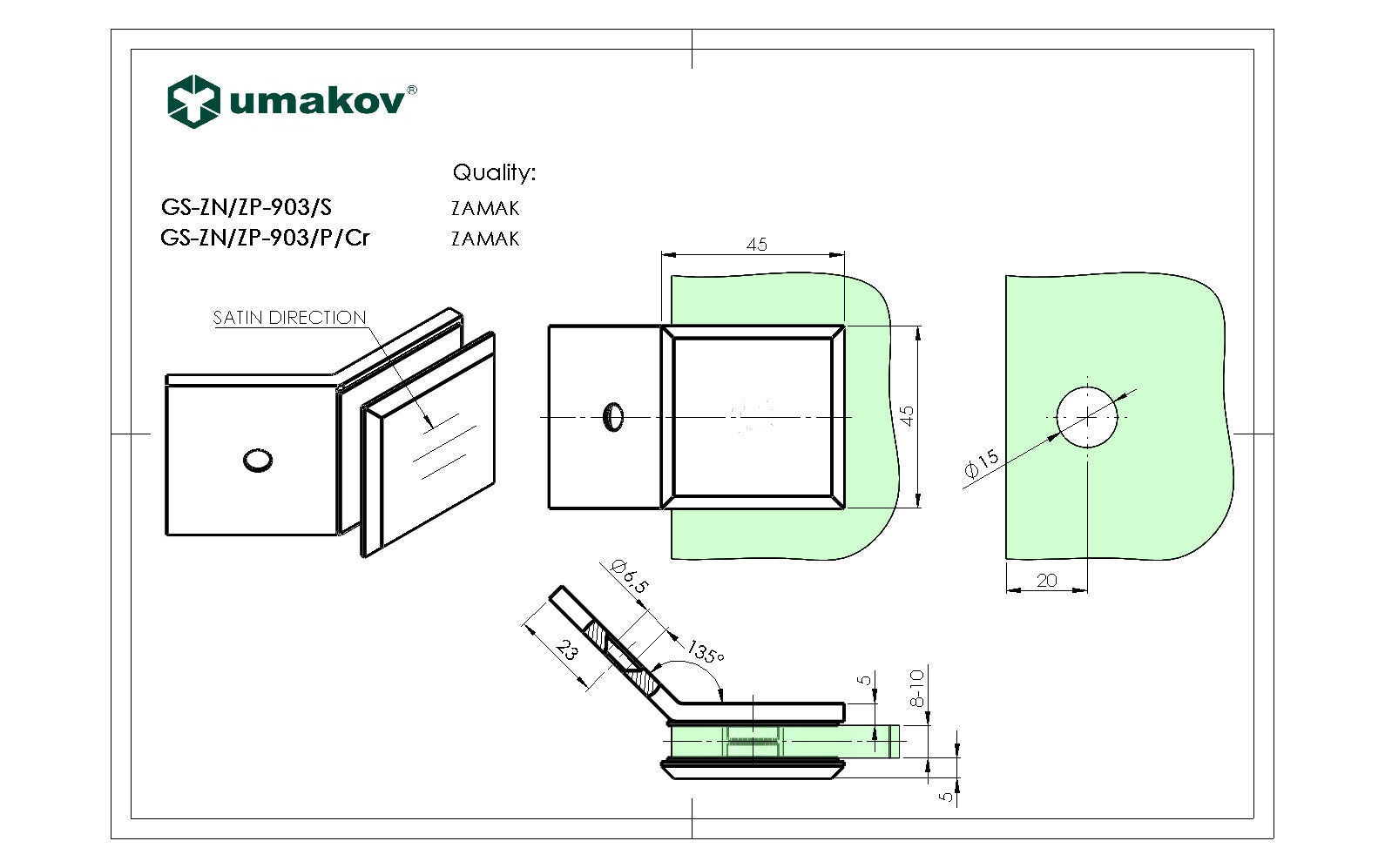 Držák skla, Zamak, 135°, T 8-10 mm